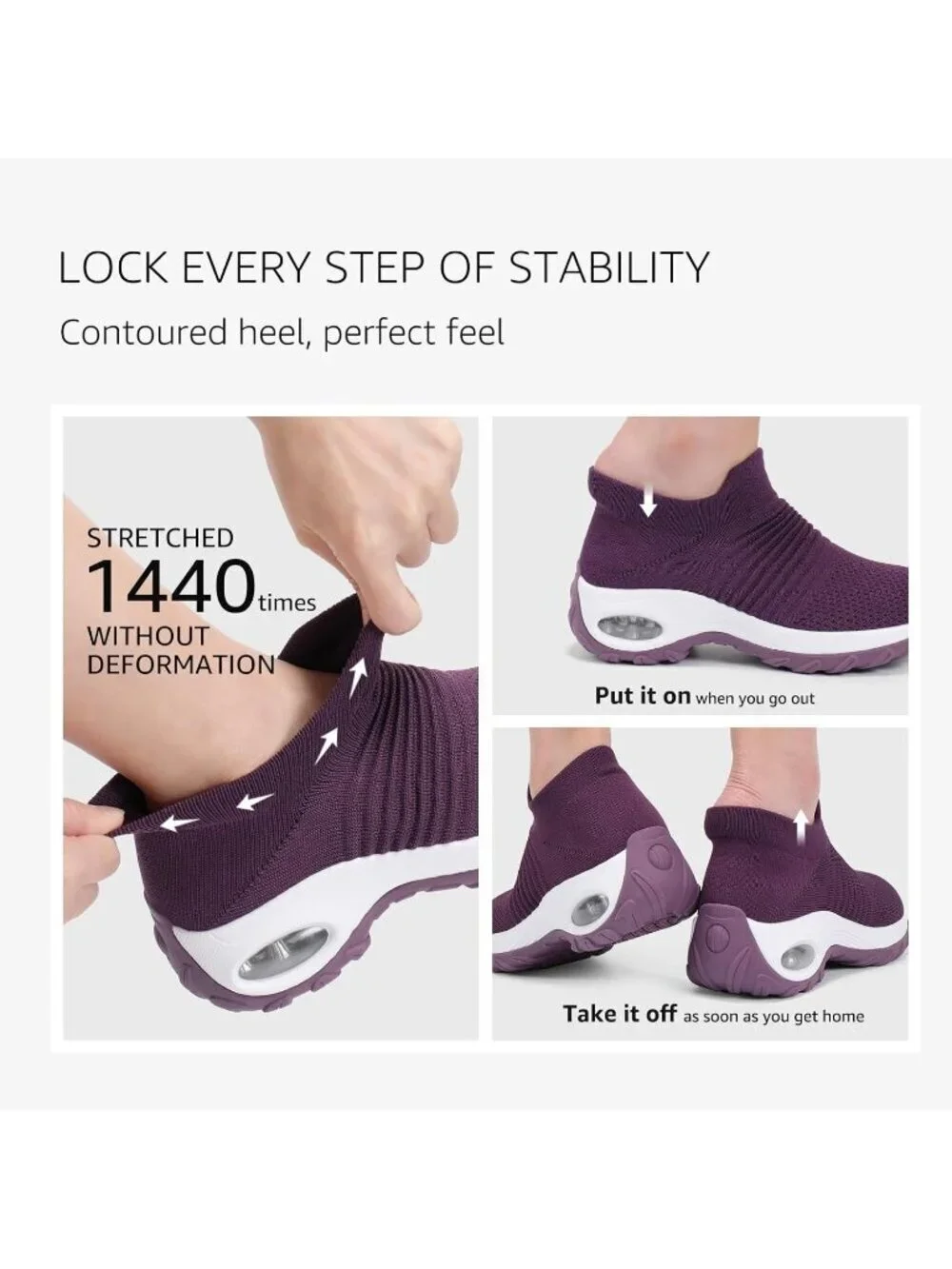 Women's Prune Purple Arch Support Non Slip Breathable Knit Upper Sneaker Shoes